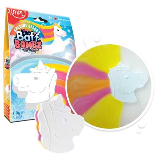 Embalagem da bomba de banho Zimpli Kids Baff Bombz Unicórnio com a bomba e a figura do unicórnio em destaque, exibindo cores vibrantes.