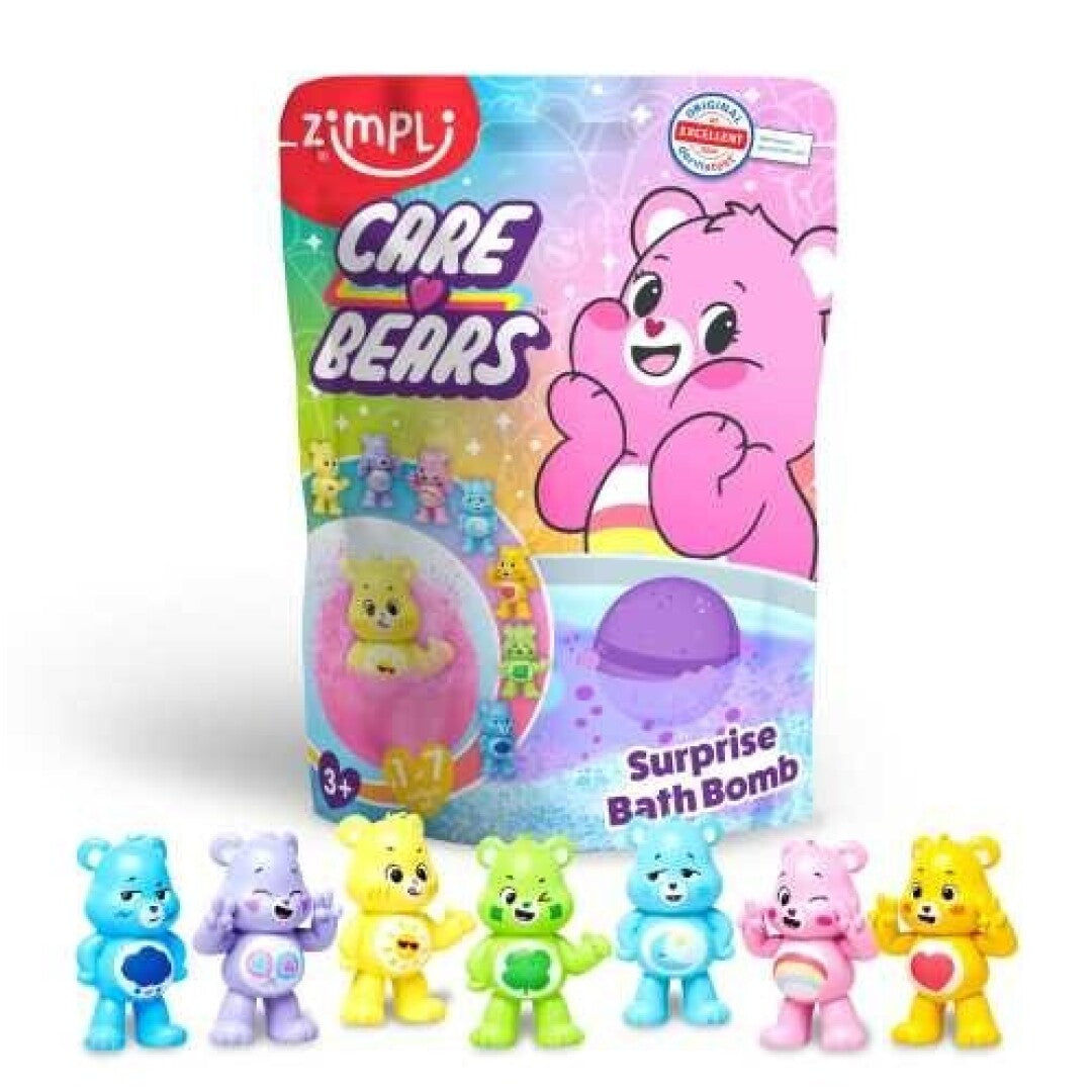 Embalagem da bomba de banho ZIMPLIKIDS Care Bears com uma bomba roxa e seis figuras de ursos coloridos colecionáveis.