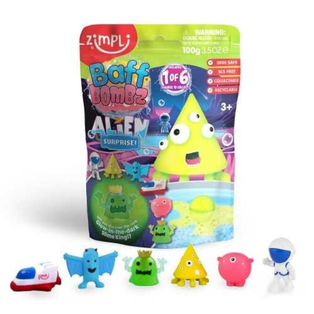 Embalagem da bomba de banho ZIMPLIKIDS Baff Bombz Alien Surprise com seis figuras de alienígenas colecionáveis e selos de segurança.