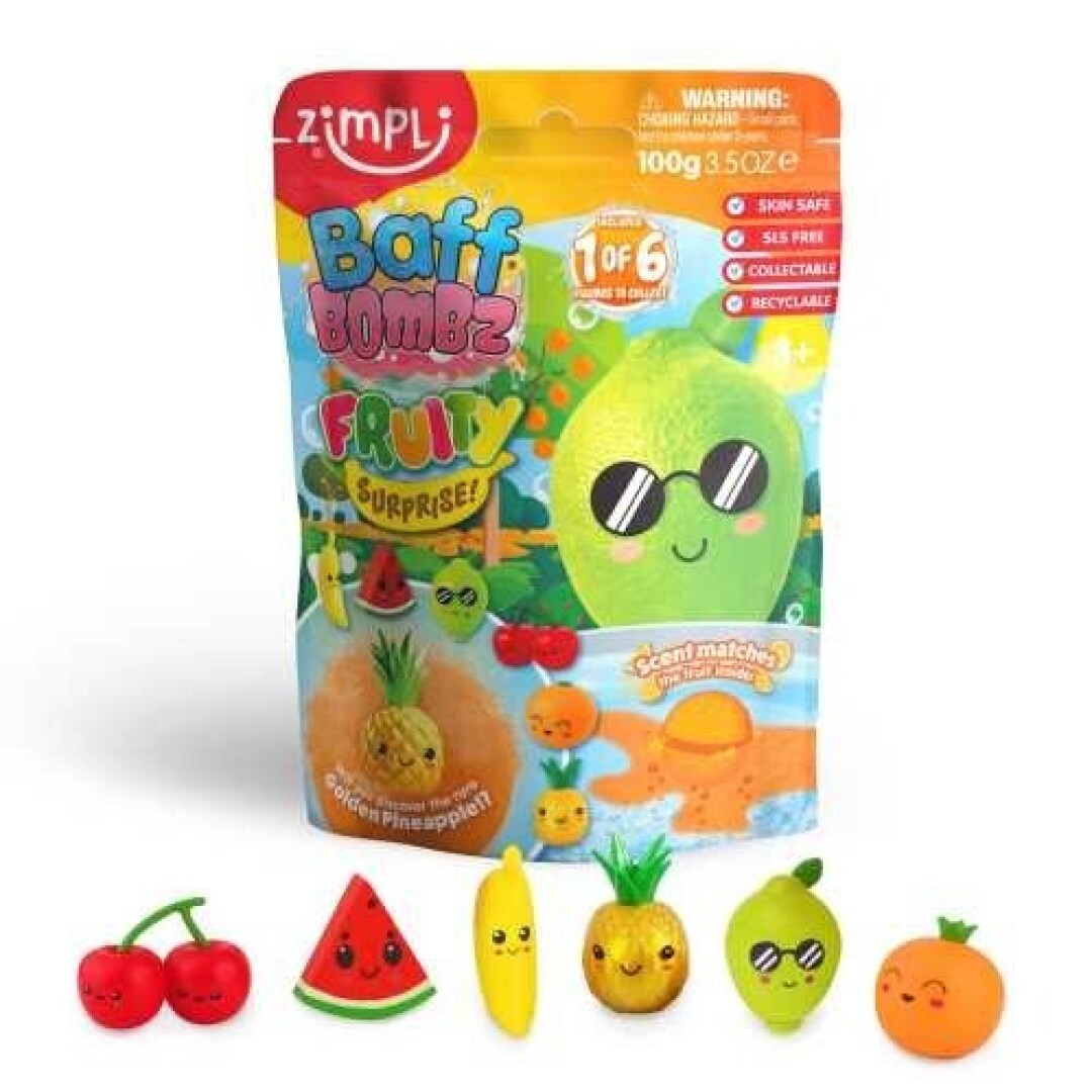Embalagem da bomba de banho Zimplikids Fruity Surprise, exibindo seis figuras de frutas colecionáveis.