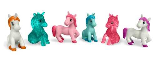 Seis figuras de unicórnios colecionáveis da ZIMPLIKIDS em várias cores vibrantes, exibidas em linha.