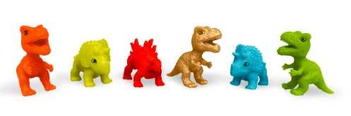 Seis figuras de dinossauros colecionáveis da ZIMPLIKIDS em várias cores: laranja, amarelo, vermelho, castanho, azul e verde.