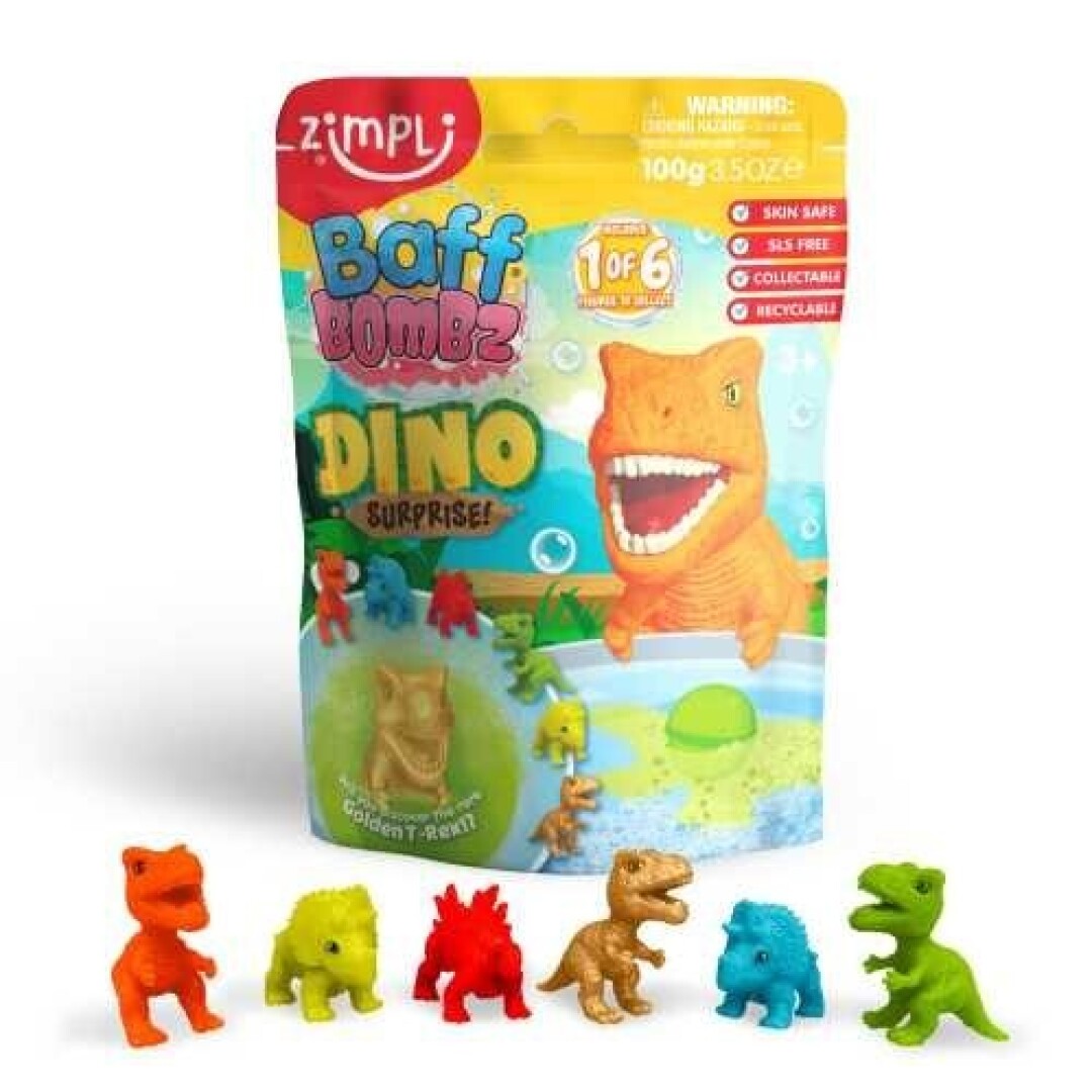 Embalagem da bomba de banho ZIMPLIKIDS Baff Bombz Dino Surprise de 100g com um dinossauro laranja em destaque e seis figuras de dinossauros colecionáveis na base.