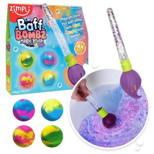 Montagem do produto Zimpli Kids Pincel Mágico, exibindo a embalagem, as 4 bombas de banho e o pincel em uso na água.