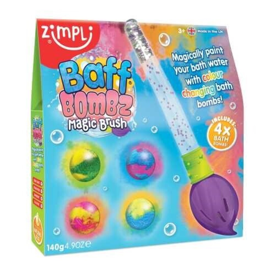 Embalagem do Zimpli Kids Pincel Mágico e 4 Bombas de Banho, mostrando o pincel roxo e as quatro bombas coloridas.