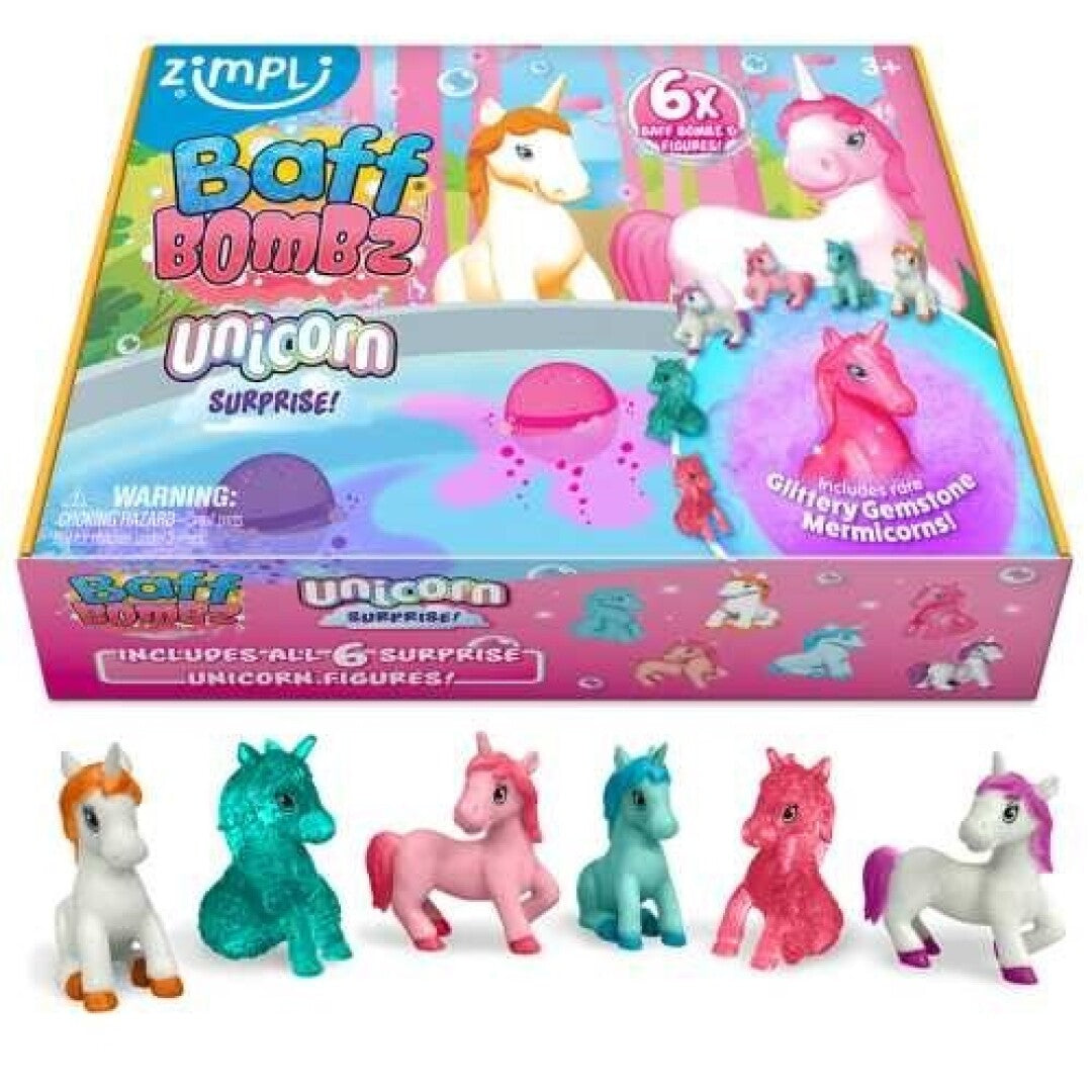 Embalagem do ZIMPLIKIDS Pack 6 Bombas de banho Unicórnios com as seis figuras de unicórnio visíveis na frente.