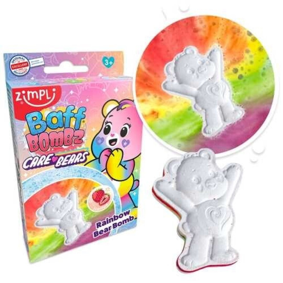 ZIMPLIKIDS Bomba de banho Urso Amoroso na embalagem colorida e a flutuar na água com efeito arco-íris.