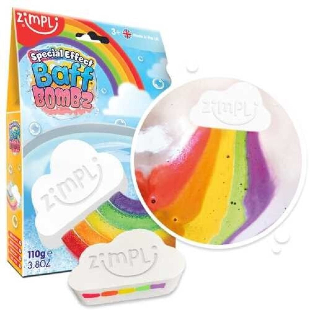 Embalagem da bomba de banho Zimpli Kids Baff Bombz arco-íris com uma nuvem a dissolver na água.
