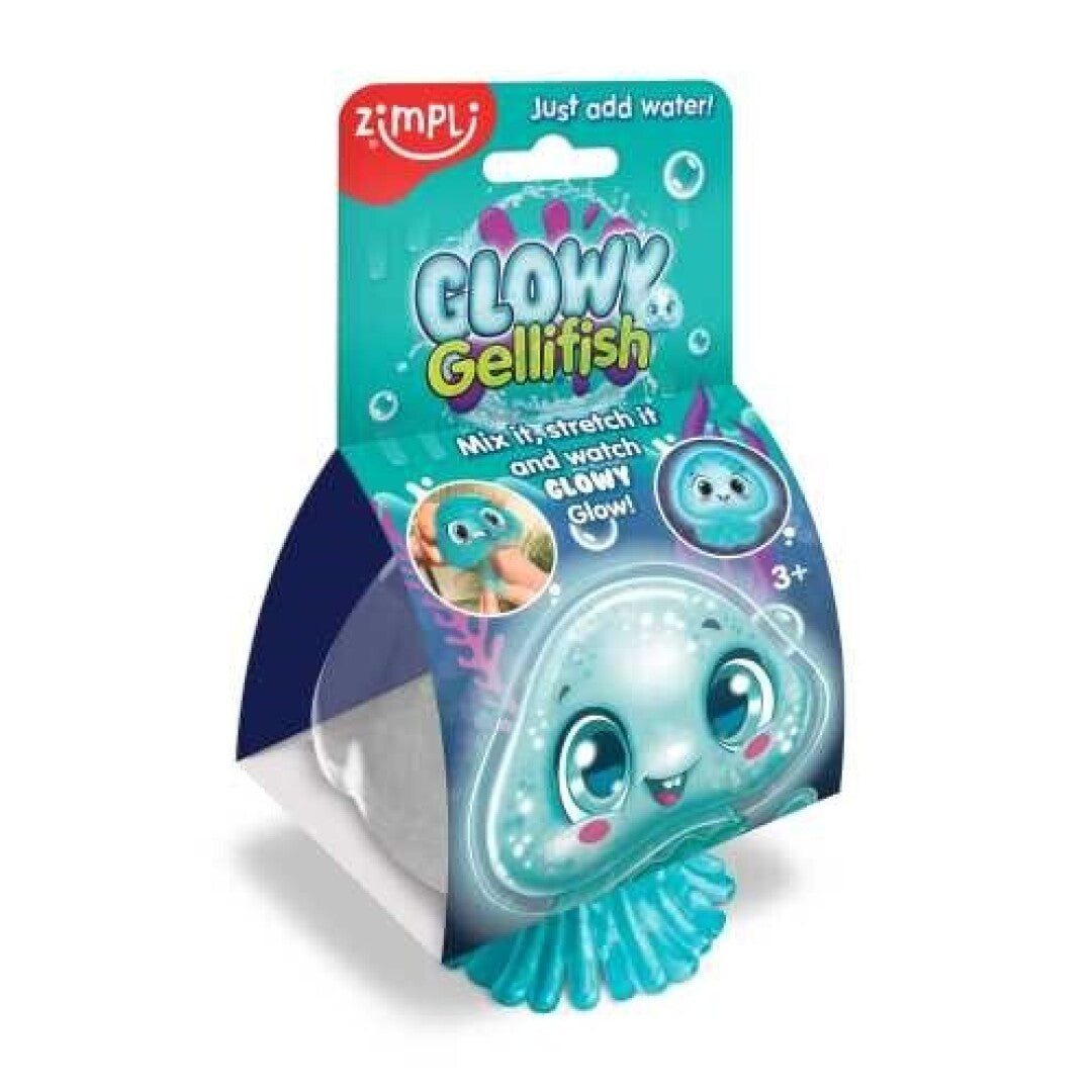 Embalagem do brinquedo ZIMPLIKIDS Medusa Glowy, mostrando a medusa azul sorridente e a frase "Just add water!".
