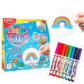 Kit Zimplikids Desenhos Mágicos Doodle N Dip com caixa, paleta branca a flutuar com arco-íris e marcadores coloridos.