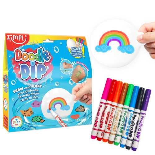 Kit Zimplikids Desenhos Mágicos Doodle N Dip com caixa, paleta branca a flutuar com arco-íris e marcadores coloridos.