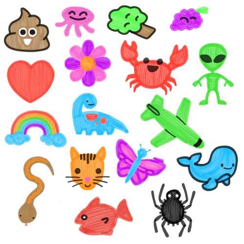Vários desenhos coloridos e flutuantes do kit Zimplikids Desenhos Mágicos, incluindo um cocó sorridente, polvo, árvore, uvas, coração, flor, caranguejo, alien, dinossauro, avião, borboleta, baleia, cobra e aranha.