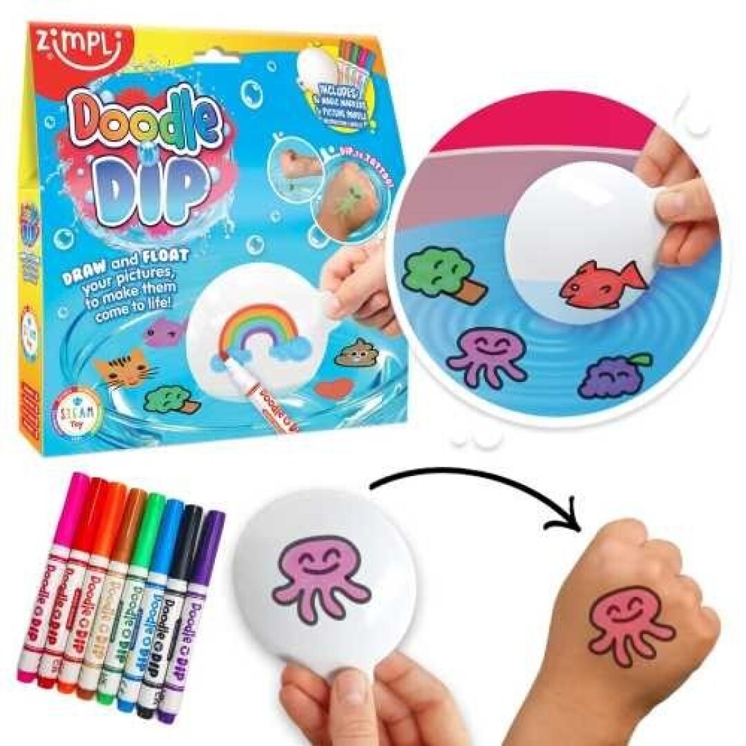 Demonstração do kit Zimplikids Desenhos Mágicos, mostrando a caixa, marcadores e como um desenho de polvo é transferido da paleta para a mão como tatuagem temporária.