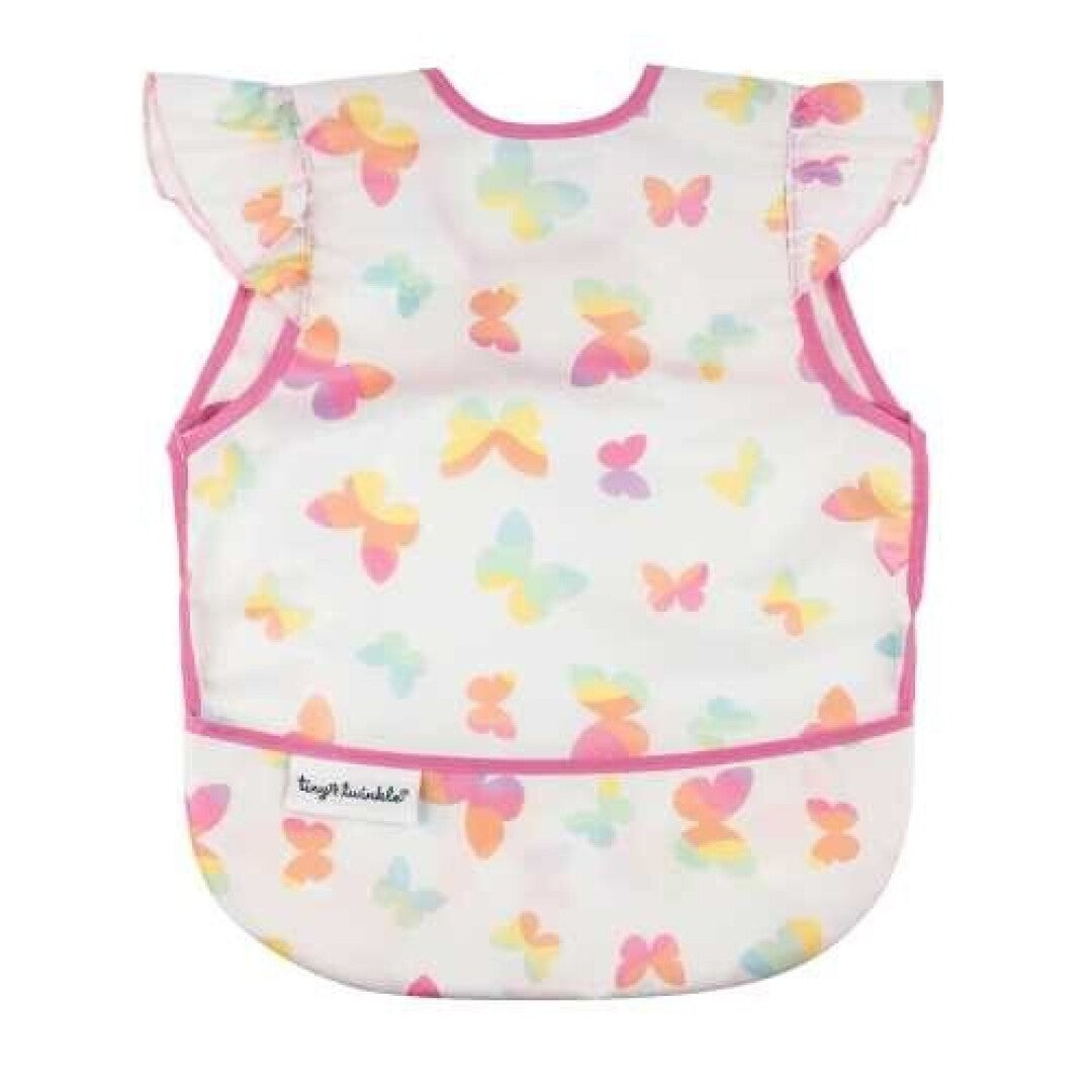 Babete impermeável infantil da Tiny Twinkle, branco com padrão de borboletas coloridas em tons pastel e acabamentos em rosa choque.