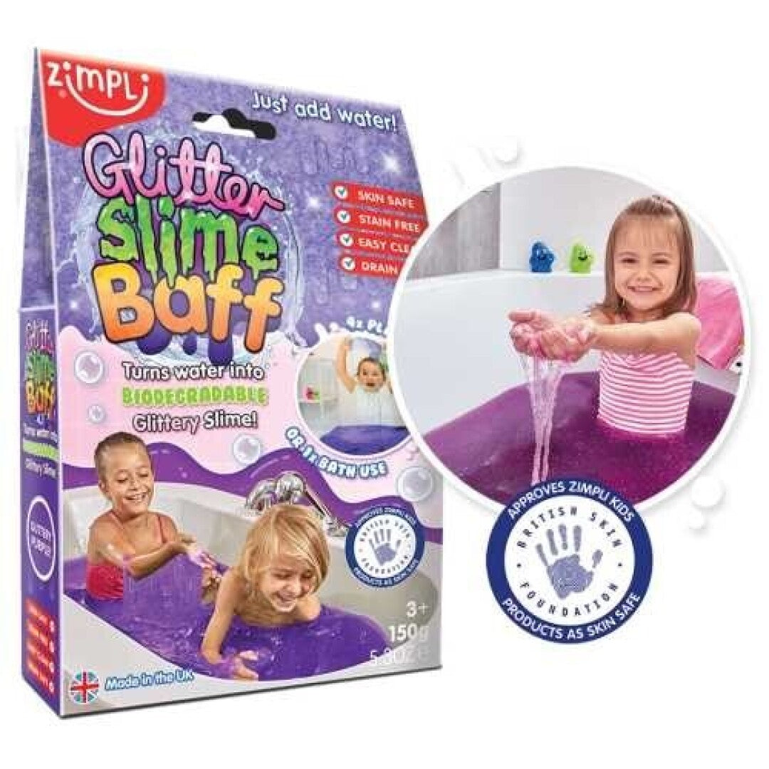 Embalagem do ZIMPLIKIDS Slime para banho Baff Glitter Purpura com crianças a brincar no banho com o slime.