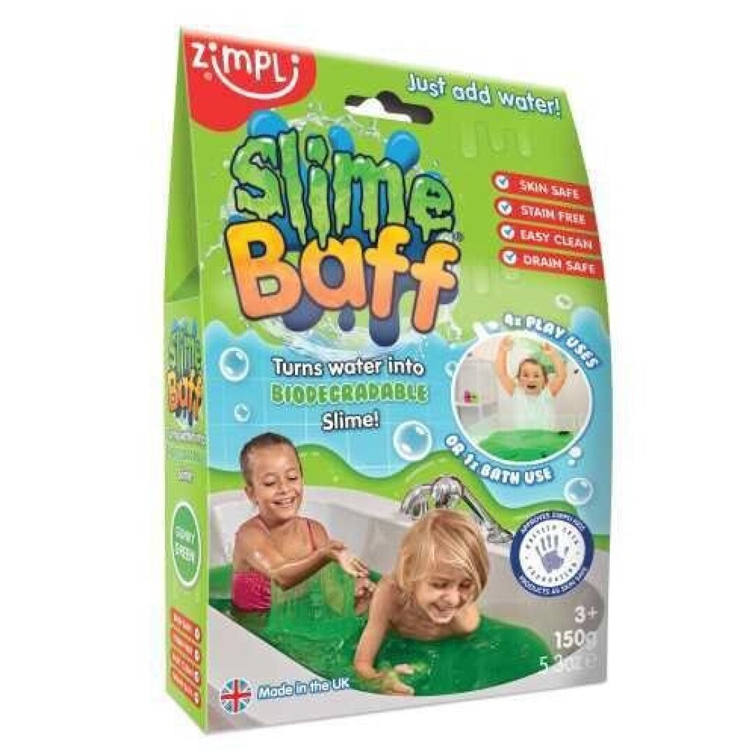 Embalagem do ZIMPLIKIDS Slime para banho Baff Verde, mostrando duas crianças a brincar na banheira com o slime verde. Destaca os ícones de segurança e a marcação "Made in the UK".