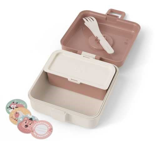 Interior da lancheira Monbento Snacky Raposa aberta, mostrando o compartimento interior e os talheres arrumados na tampa.
