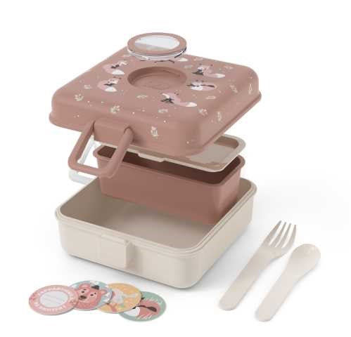 Vista explodida da lancheira Monbento Raposa, exibindo todas as suas partes: base, caixa interior, tampa e talheres.