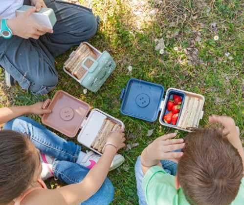 Grupo de crianças a fazer um piquenique na relva com as suas lancheiras Monbento Snacky de várias cores.