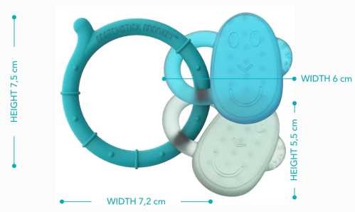 Esquema com as dimensões do mordedor Matchstick Monkey, indicando altura de 7,5 cm e larguras de 7,2 cm e 6 cm.