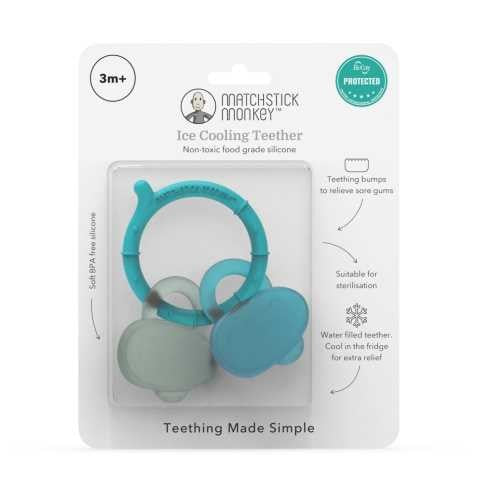 Embalagem do Mordedor de Refrigeração Matchstick Monkey, destacando a idade mínima de 3 meses e a proteção antimicrobiana BioCote.