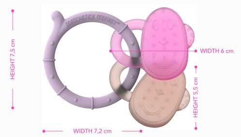 Esquema com as dimensões do mordedor Matchstick Monkey, indicando altura de 7,5 cm e largura de 7,2 cm.