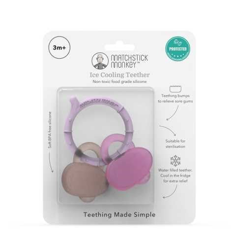 Embalagem do mordedor Matchstick Monkey Ice Cooling Teether, indicando 3m+ e proteção antimicrobiana.
