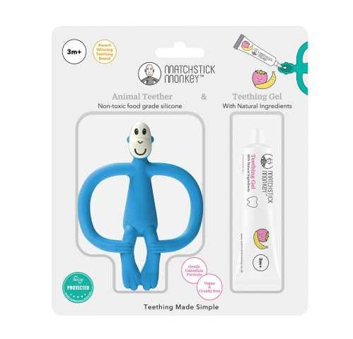 Embalagem de venda ao público do mordedor Matchstick Monkey azul e o gel de dentição, destacando a certificação 3m+ e a proteção antimicrobiana.