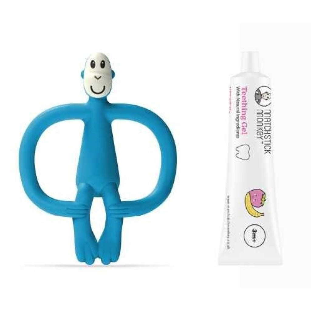 Pack promocional com o mordedor Matchstick Monkey azul em forma de macaco e um tubo de gel de alívio de gengivas da mesma marca.