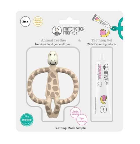 Embalagem do kit Matchstick Monkey com mordedor de girafa e gel de dentição, destacando a idade 3m+ e proteção antimicrobiana.