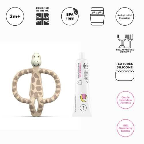 Ícones de características do produto Matchstick Monkey: 3m+, Design UK, BPA Free, Proteção Antimicrobiana, Silicone Texturizado.