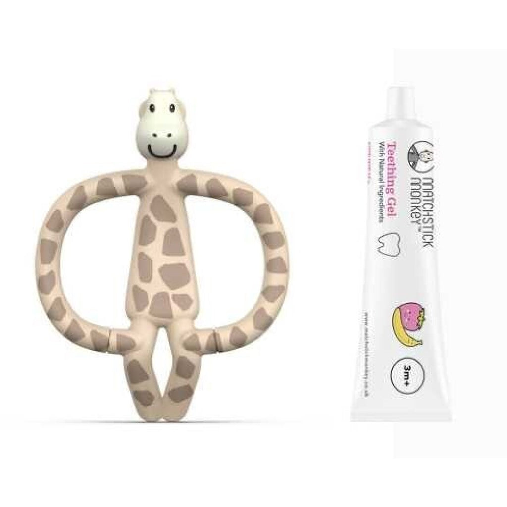 Mordedor Matchstick Monkey Girafa em silicone bege e um tubo de gel de alívio de gengivas branco.
