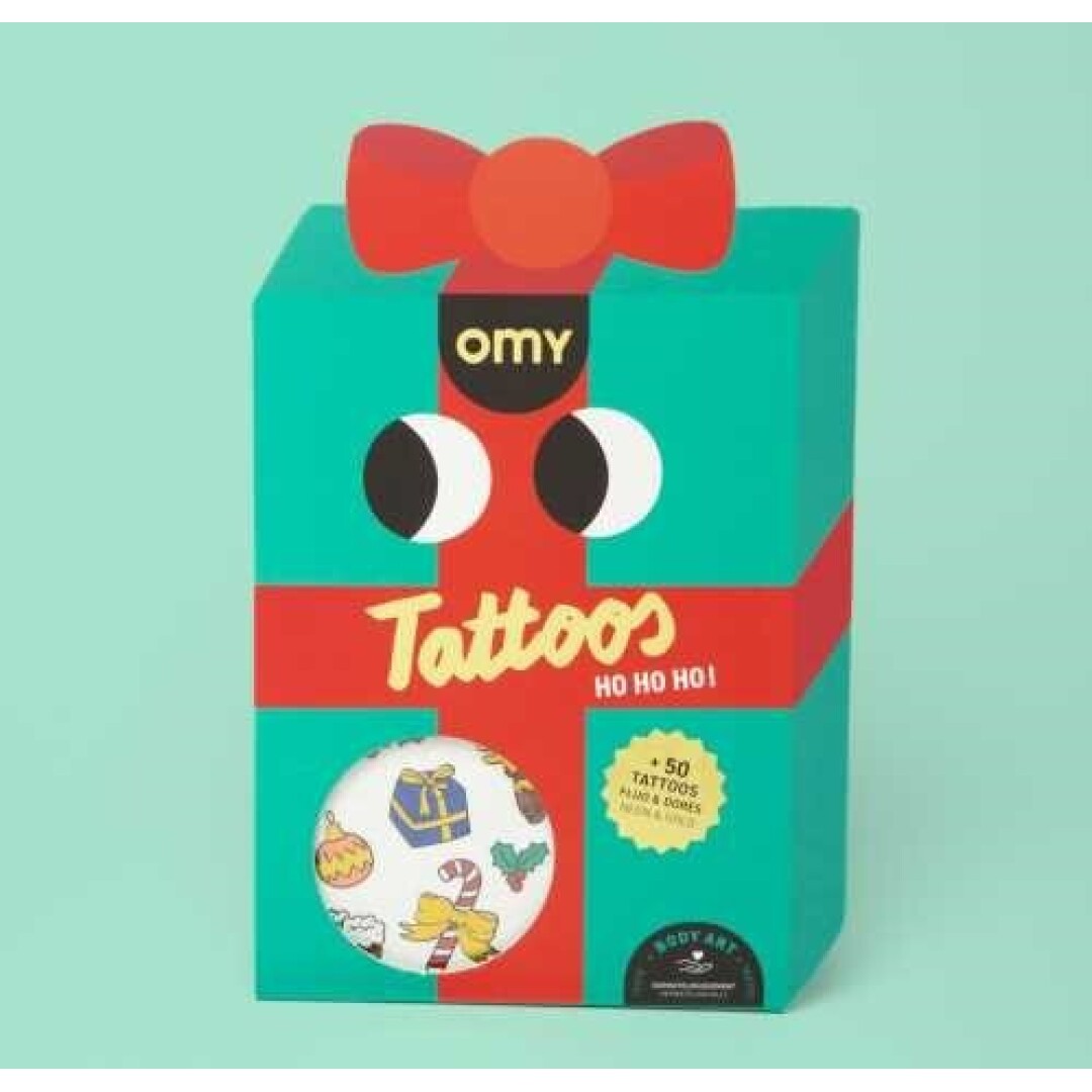 Embalagem das tatuagens temporárias OMY Ho Ho Ho com desenhos de Natal para crianças
