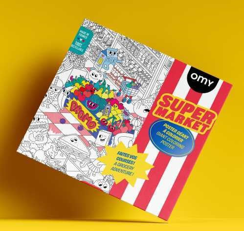 OMY Poster Pintar XL SuperMerket embalado em caixa vermelha e branca com design de supermercado e texto "Super Market" em destaque.