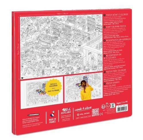 Verso da embalagem do OMY Poster Pintar XL SuperMerket, mostrando uma imagem do póster desdobrado e detalhes em várias línguas.