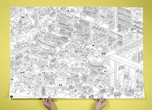OMY Poster Pintar XL SuperMerket desdobrado, revelando a ilustração detalhada de um supermercado com personagens e produtos divertidos.