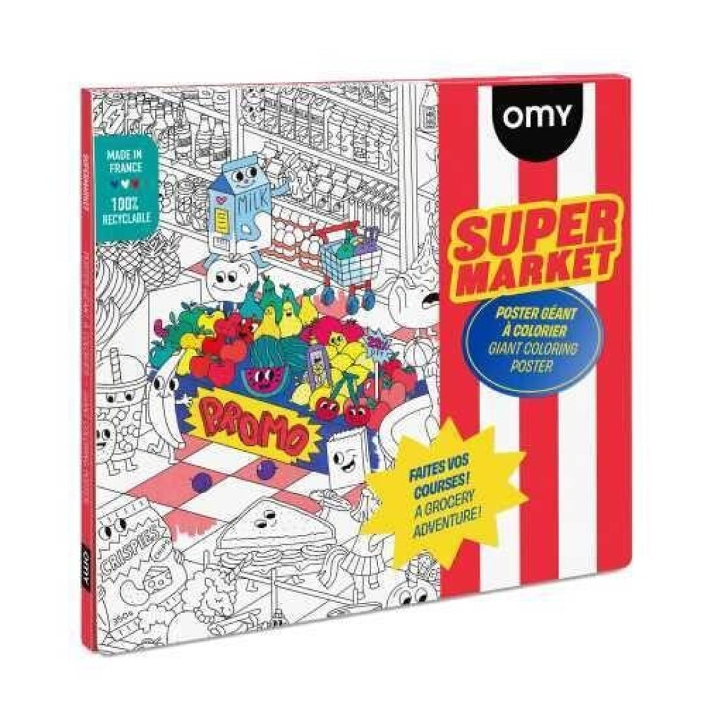 OMY Poster Pintar XL SuperMerket embalado, apresentando a capa com ilustrações de um supermercado e o logótipo OMY.