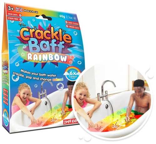Embalagem do ZIMPLIKIDS Crackle Baff Rainbow com detalhe ampliado de crianças a desfrutar da água colorida e efervescente na banheira.