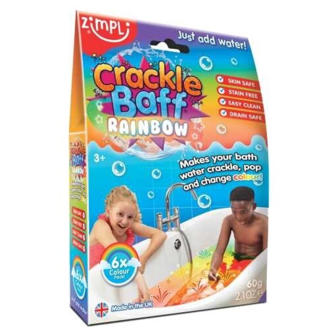 Embalagem do ZIMPLIKIDS Crackle Baff Rainbow, mostrando crianças a brincar na banheira com água colorida e efervescente.