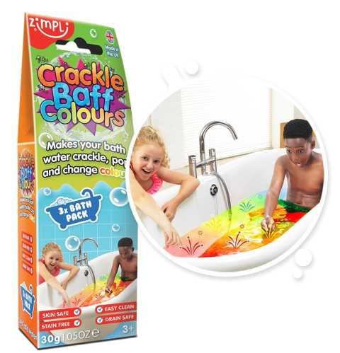 Embalagem do Zimplikids Crackle Baff Colours ao lado de uma imagem circular de duas crianças a brincar numa banheira com água colorida.
