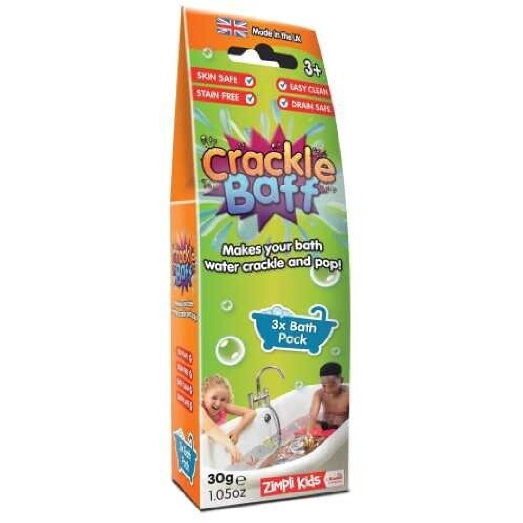 Embalagem do Zimplikids Crackle Baff Colours, destacando as cores efervescentes, a indicação "Made in the UK" e os selos "Skin Safe", "Stain Free", "Easy Clean", "Drain Safe".