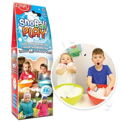 Composição da embalagem ZIMPLIKIDS Bolas de Neve e detalhe de crianças a brincar com a neve artificial.