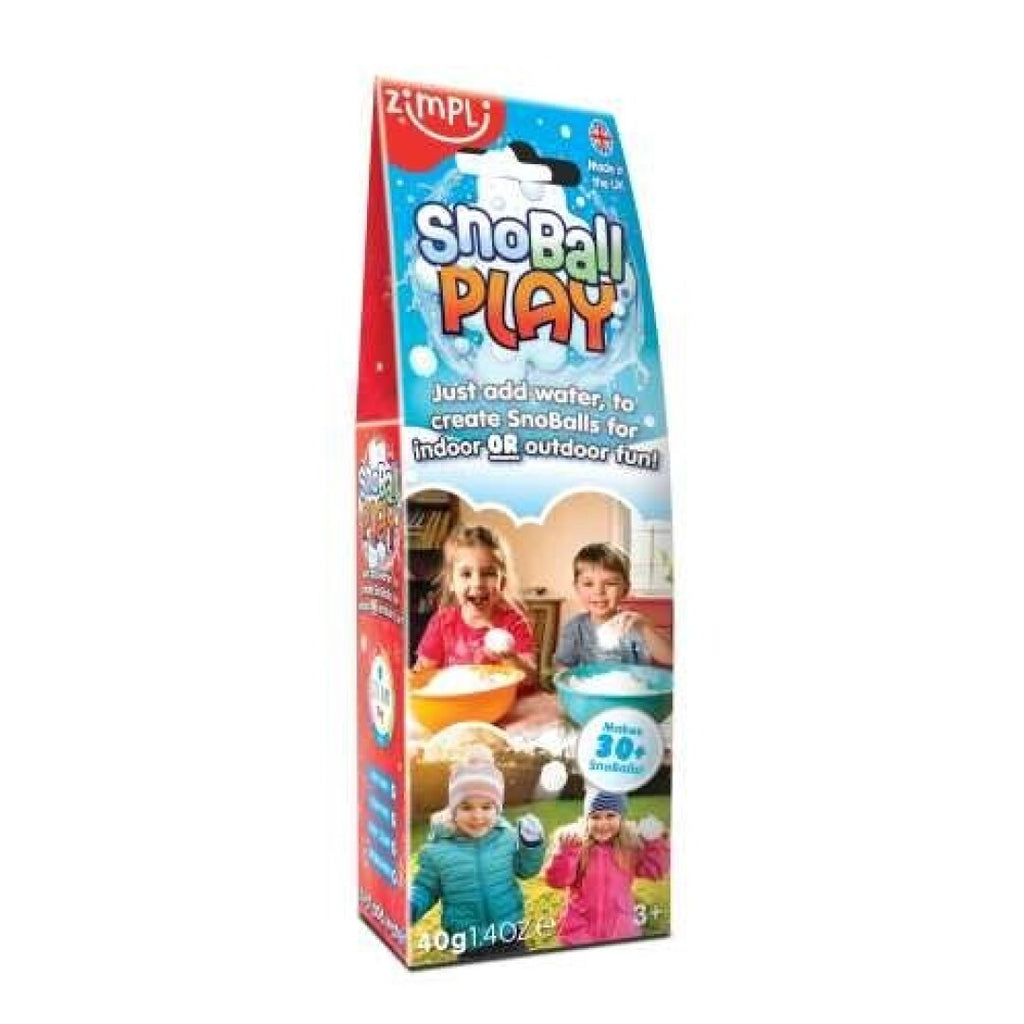 Embalagem das ZIMPLIKIDS Bolas de Neve SnoBall Play, com crianças a brincar na neve artificial.