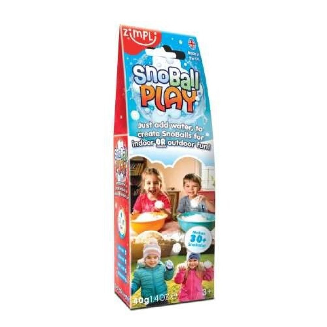 Embalagem das ZIMPLIKIDS Bolas de Neve SnoBall Play, com crianças a brincar na neve artificial.