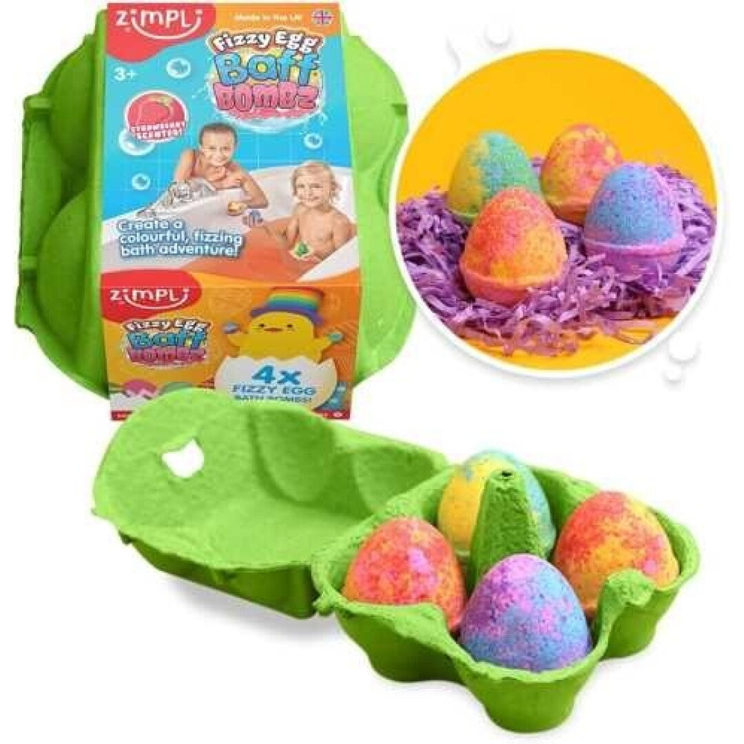 Conjunto de quatro bombas de banho ZIMPLIKIDS em forma de ovo, coloridas e efervescentes, apresentadas numa caixa verde de ovos, com a embalagem do produto ao lado.