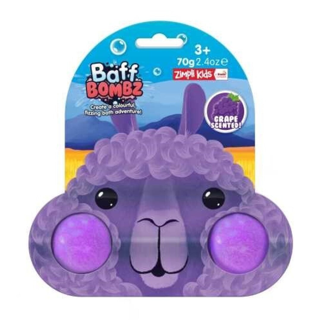 Embalagem da bomba de banho ZIMPLIKIDS Baff Bombz em forma de lhama roxa, com aroma a uva e indicação 3+.
