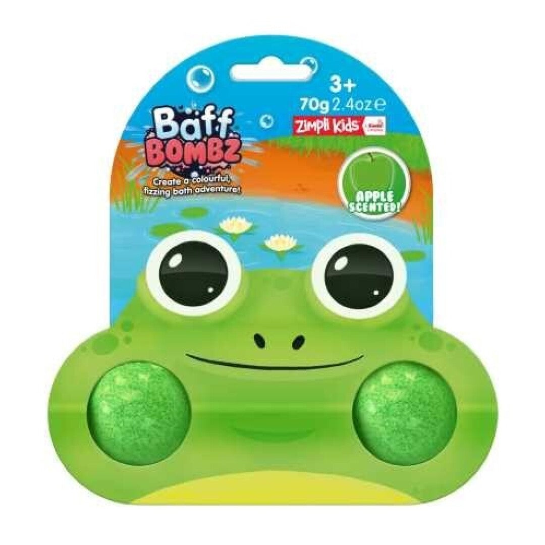 Embalagem da ZIMPLIKIDS Bomba de banho Sapo, mostrando duas bombas de banho verdes com design de sapo e indicação de aroma a maçã.