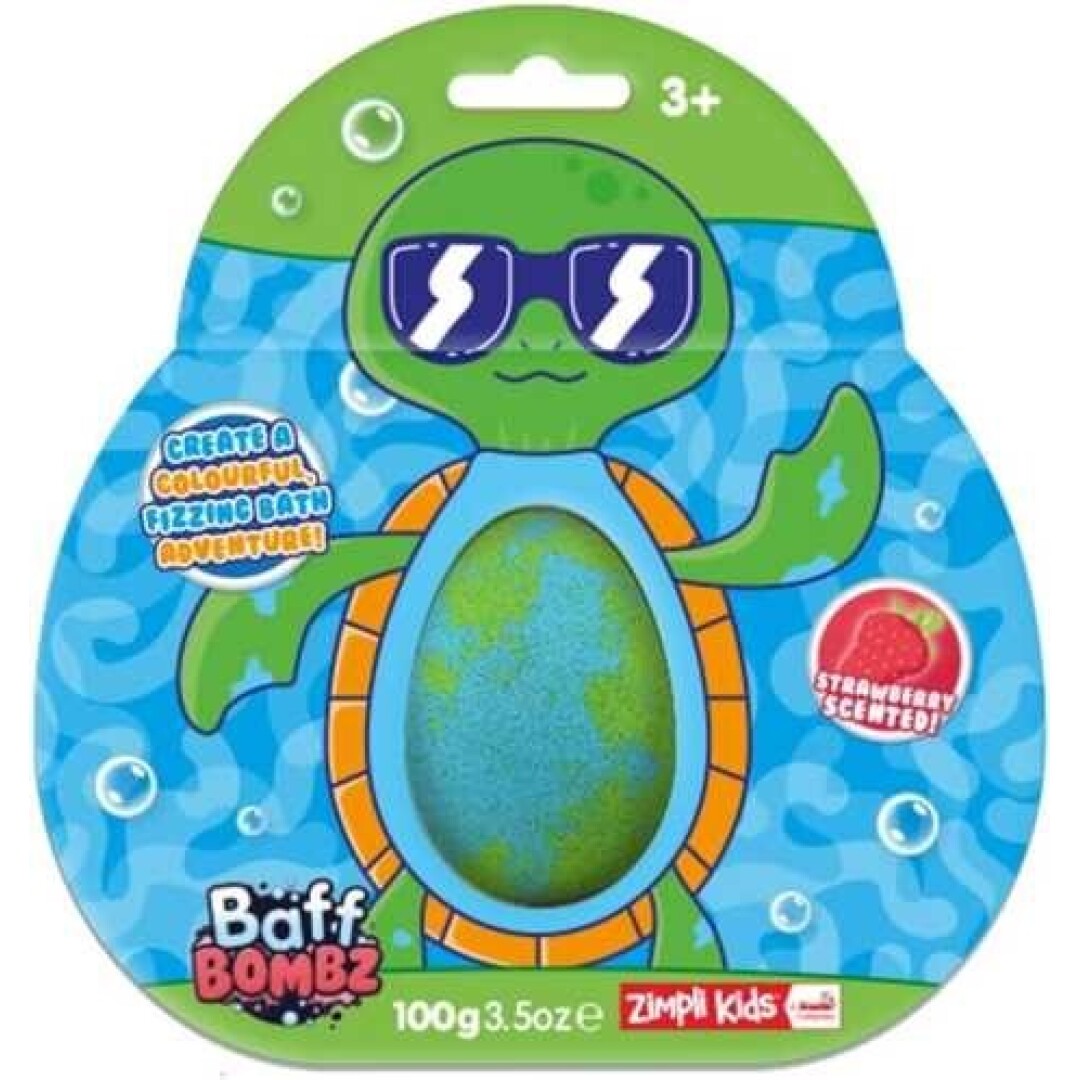 Embalagem da bomba de banho ZIMPLIKIDS Tartaruga 100gr, mostrando uma tartaruga verde com óculos de sol e a bomba azul e verde no centro, com indicação "Strawberry Scented".