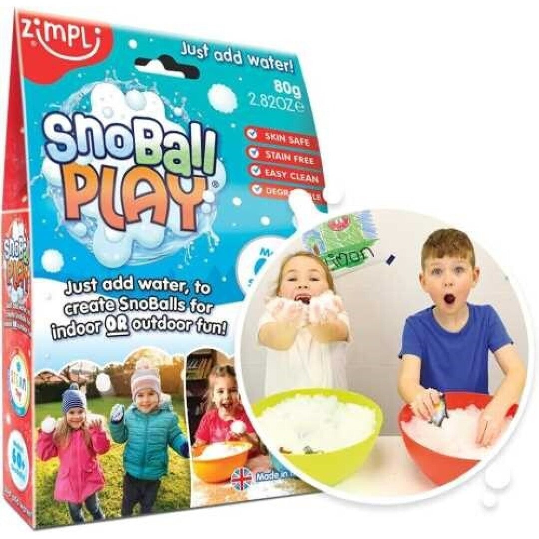 Embalagem das ZIMPLIKIDS Bolas de Neve SnoBall Play 80g, destacando crianças a brincar com neve artificial dentro e fora de casa.