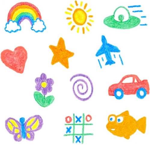 Vários desenhos coloridos feitos com os marcadores Zimplikids, incluindo um arco-íris, sol, OVNI, avião, e outros elementos divertidos.